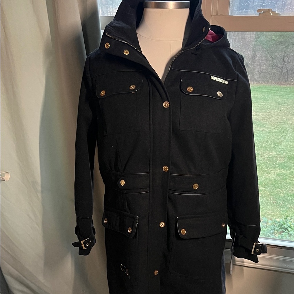 NWT COOGI Black Poly Wool Blend Coat with Hood 1X